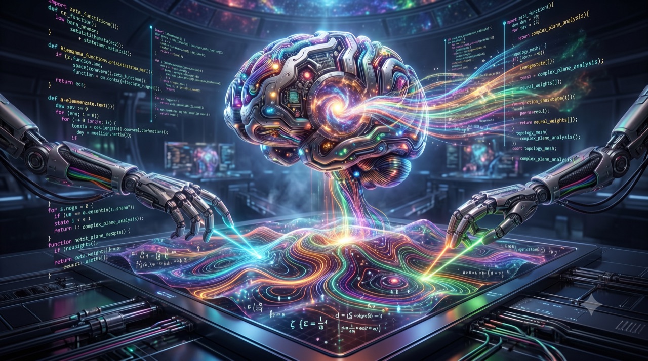 Illustration: a luminous brain over a spectral wave landscape inscribed with the Riemann zeta function